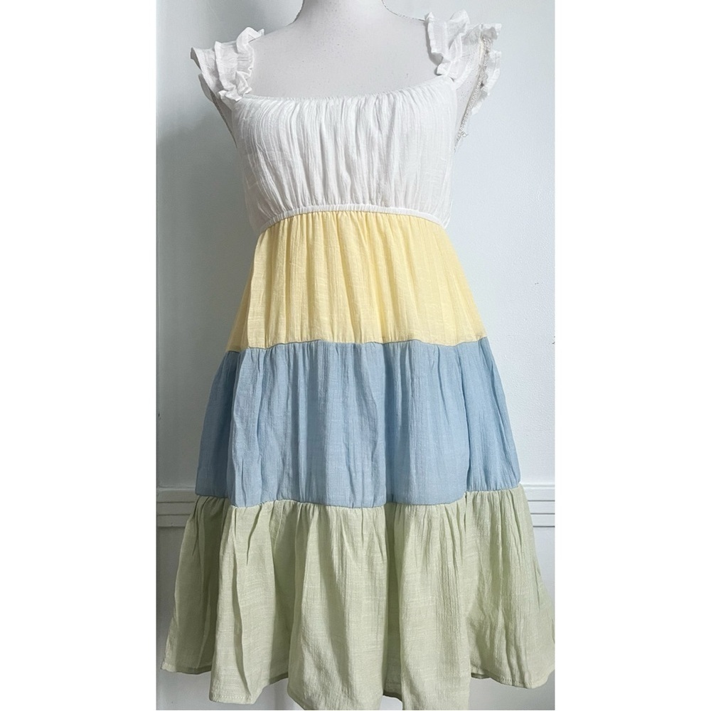 Mine • NWT Tiered Pastel Yellow White Green Blue Dress